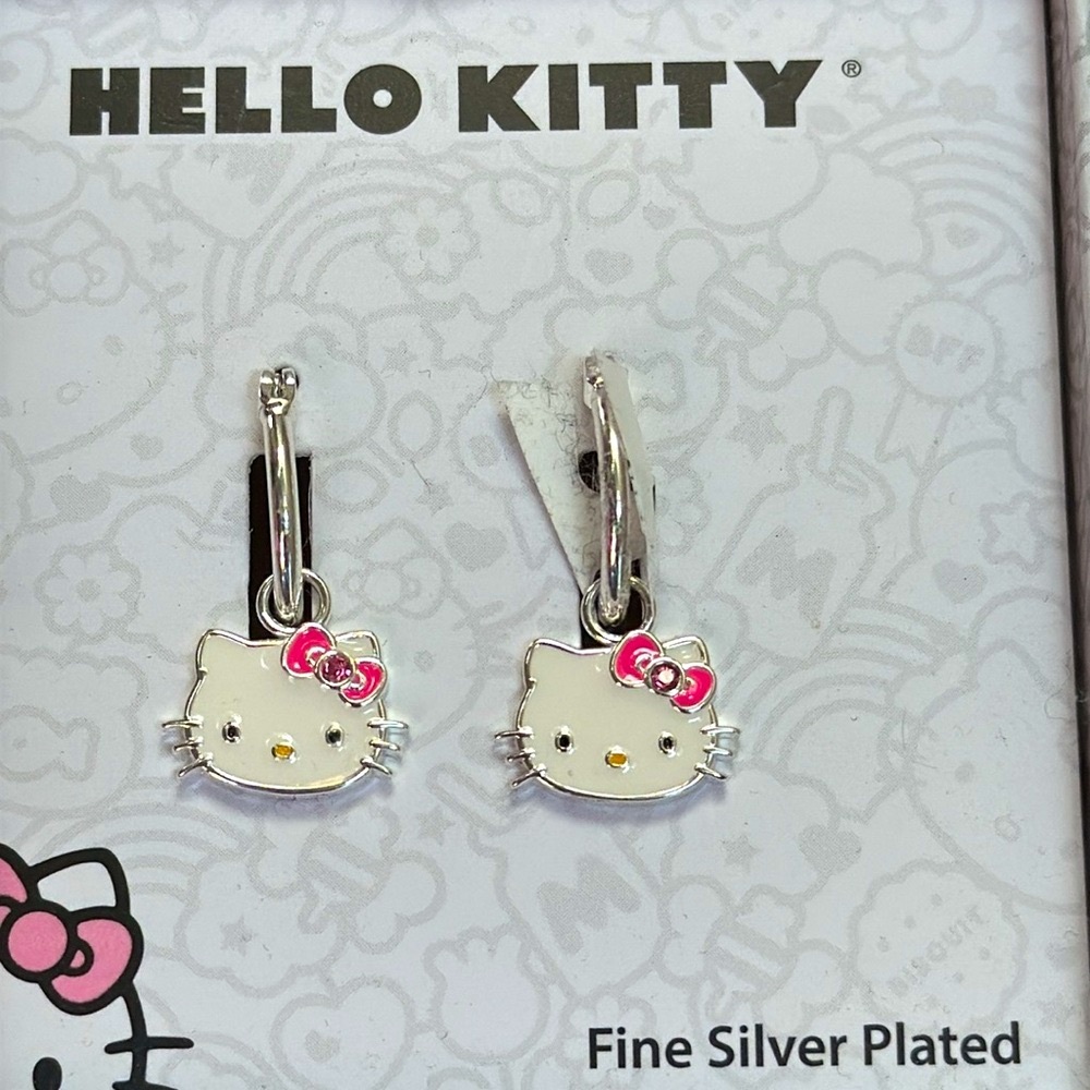 New Hello Kitty Silver Plated Hoop Earrings with White & Pink enamel charm.